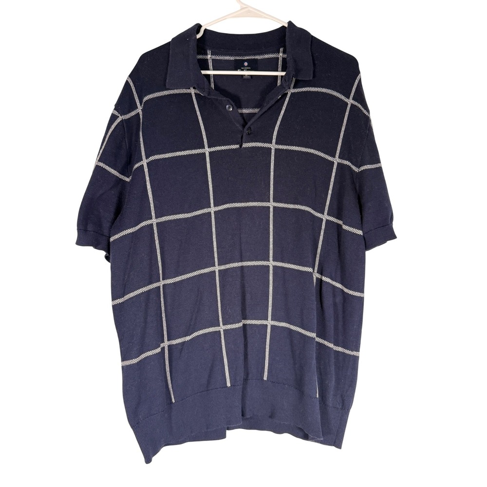 Ben Sherman Mens XL Navy Blue Windowpane Knit Polo Short Sleeve Shirt